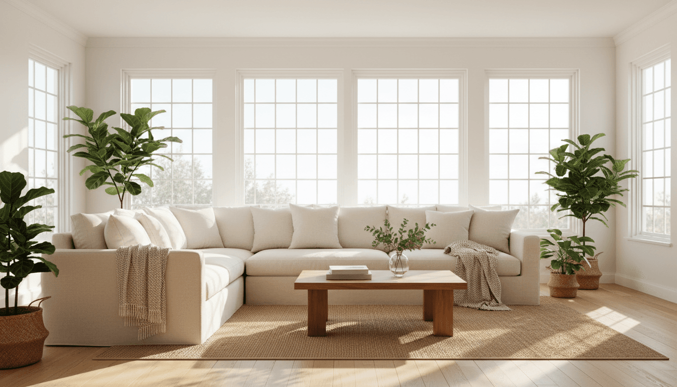 Bright, freshly cleaned living room with cozy sofa and sunlight