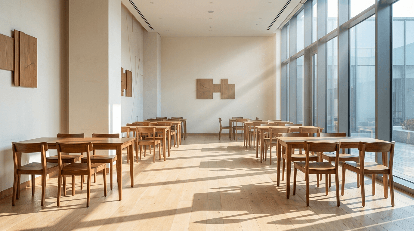 Tidy event space with arranged wooden tables and a clean seating area