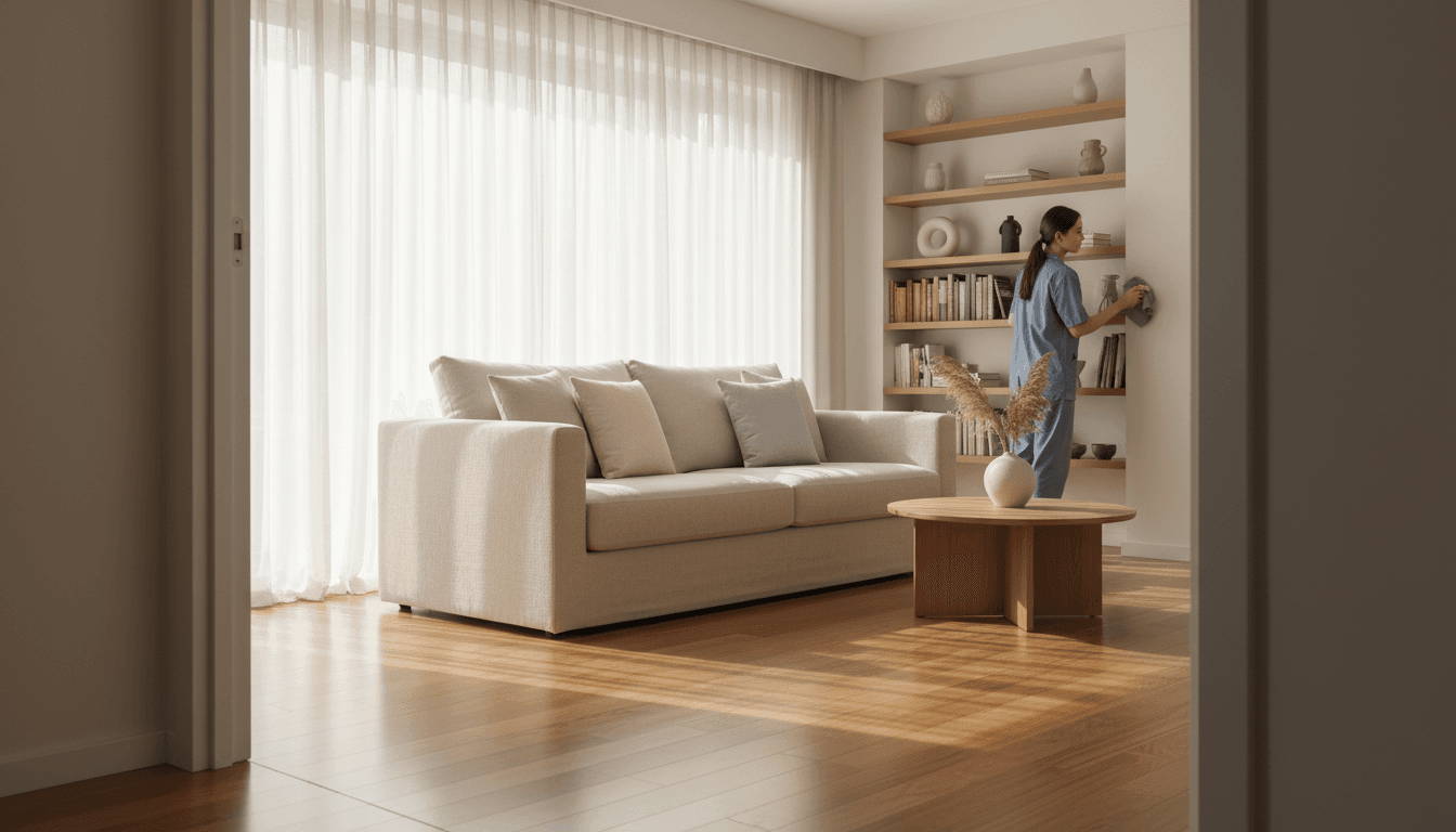 Bright, freshly cleaned living room with sofa and warm natural light