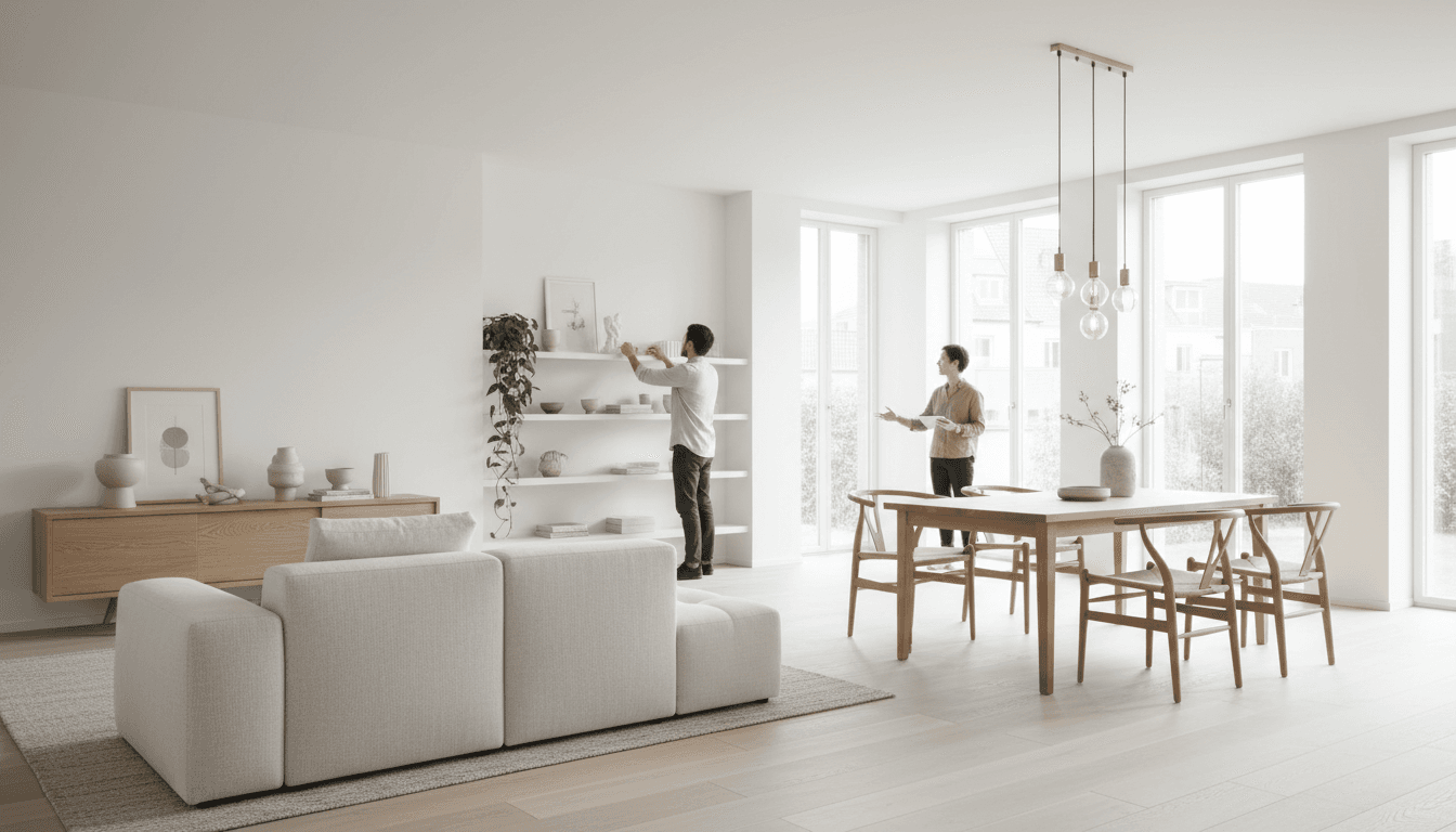 Bright, clean living room with a sofa and coffee table