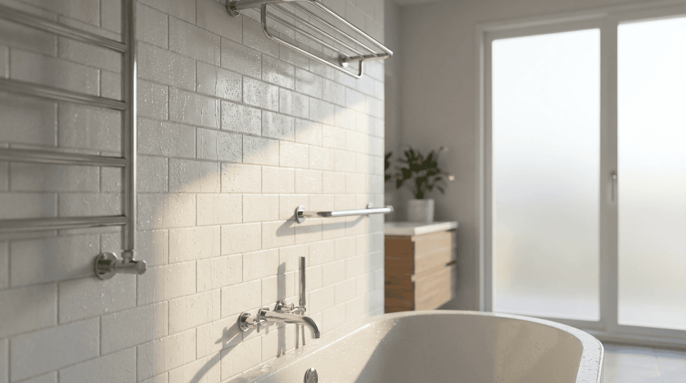 Fresh bathroom with polished mirror and neatly folded towels