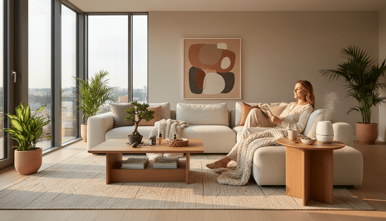 Cozy living room with fluffed pillows and a dust-free TV stand