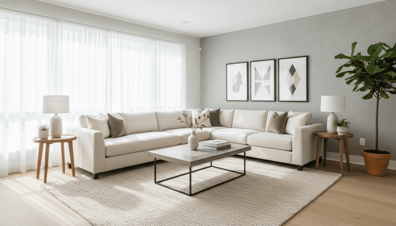 Cozy bright living room with sofa and coffee table